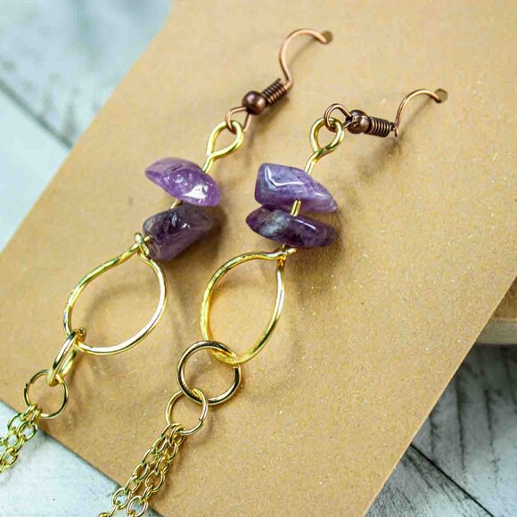 Amethyst Chip Earrings with 14k Gold Dangle Chain and Gold Hoop Drop - Picture 3 of 15